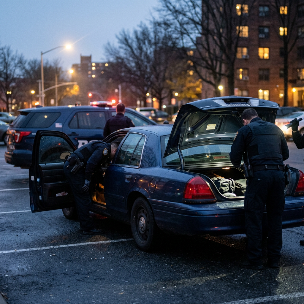 Police officers inspecting a blue car with open doors and trunk in a parking lot at dusk