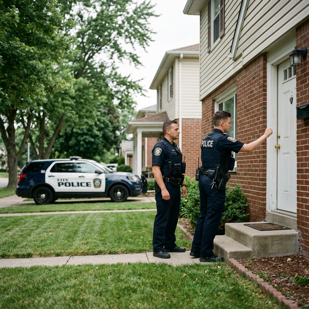 Two police officers in uniform knocking on a front door of a brick house with a police car parked nearby
